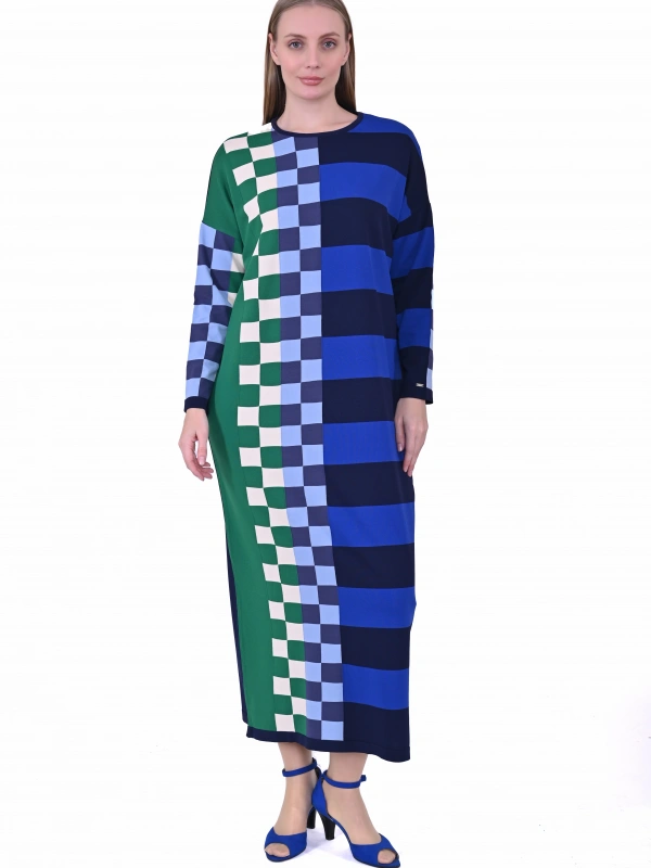 İNVEE 7001 Geometrik Desenli Lacivert Triko Elbise