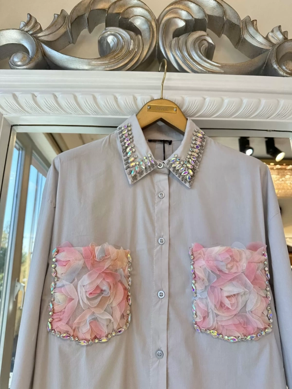 INVEE 7004 İşlemeli Gümüş Gömlek