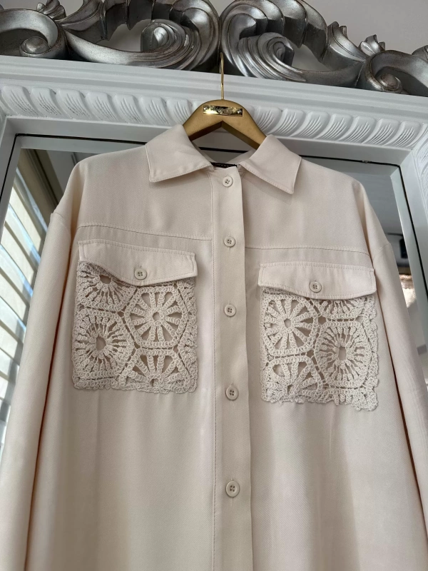 INVEE 7007 Dantelli Ekru Gömlek