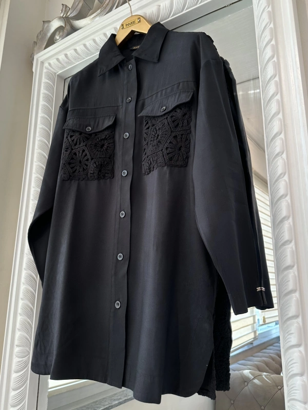 INVEE 7007 Dantelli Siyah Gömlek