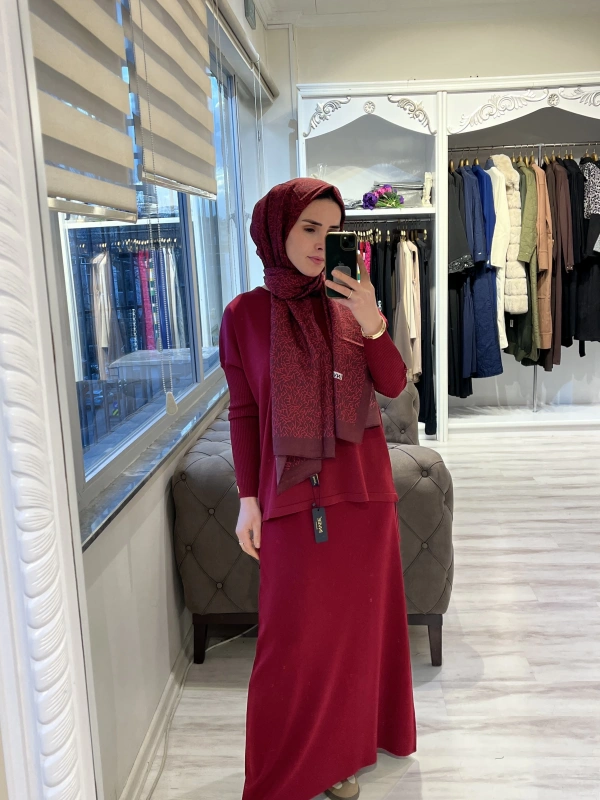 İNVEE 7015 Kloş Bordo Triko Etek