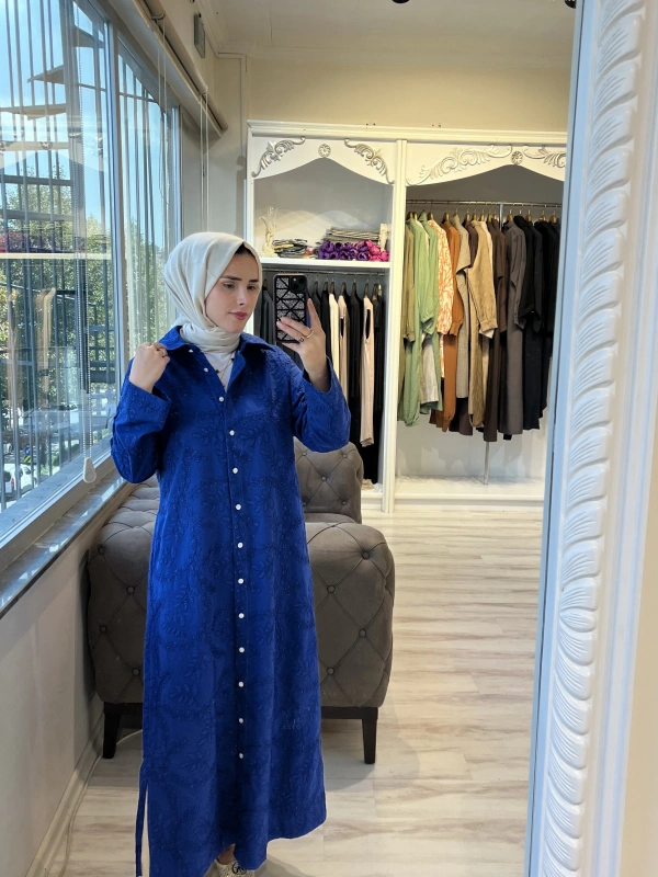 İNVEE 7018 Sax Delik İşi Gömlek Elbise