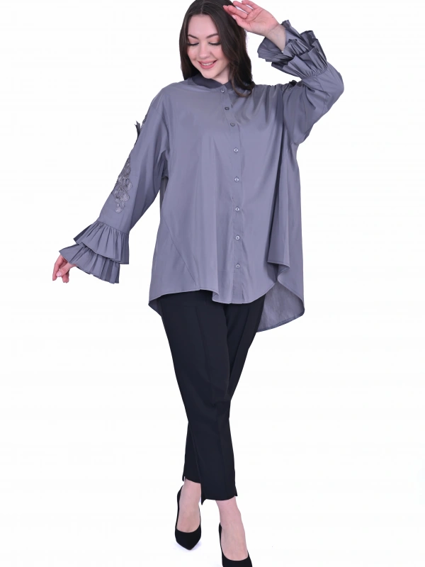 İNVEE Dantel Detaylı Fırfırlı Antrasit Gömlek