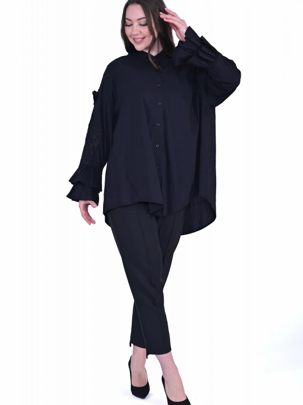İNVEE Dantel Detaylı Fırfırlı Siyah Gömlek