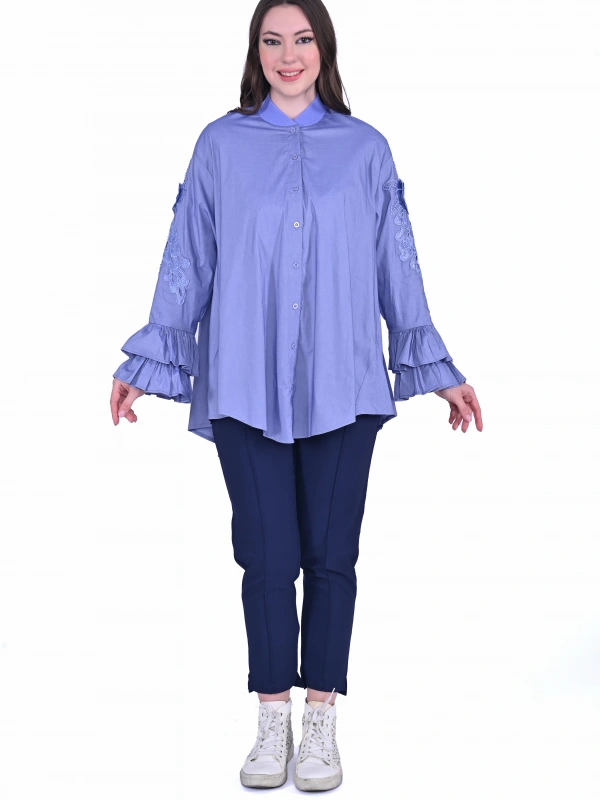 İNVEE Dantel Detaylı Fırfırlı Lila Gömlek