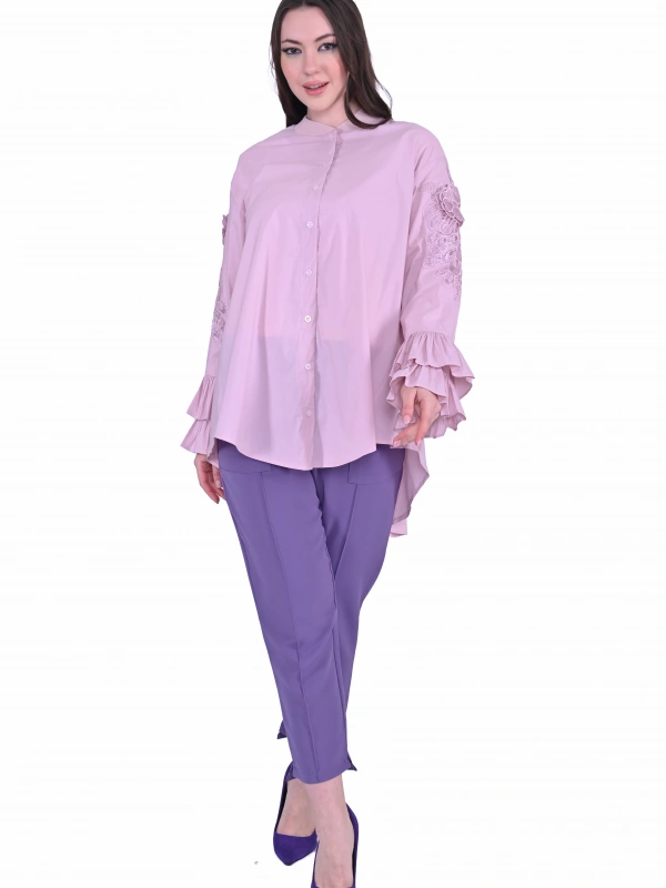 İNVEE Dantel Detaylı Fırfırlı Pembe Gömlek