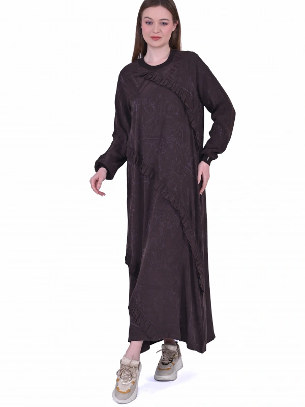 İNVEE 7024 Fırfır Detaylı Kahverengi Modal Elbise