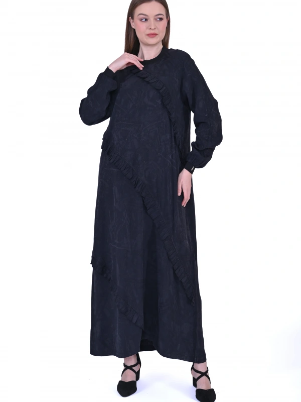 İNVEE 7024 Fırfır Detaylı Siyah Modal Elbise