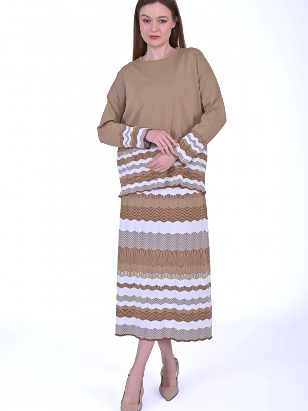 İNVEE 7028 Ekru / Camel Triko Etek