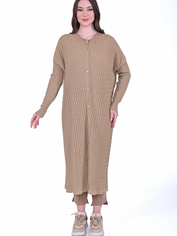 İNVEE 7029 Desenli Triko Hırka - Camel