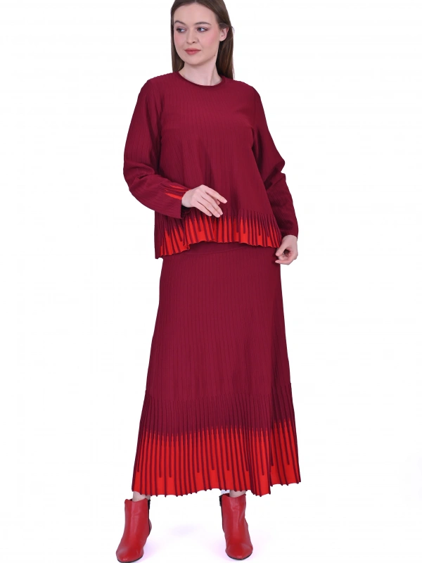 İNVEE 7034 İki Renkli Triko Takım - Bordo