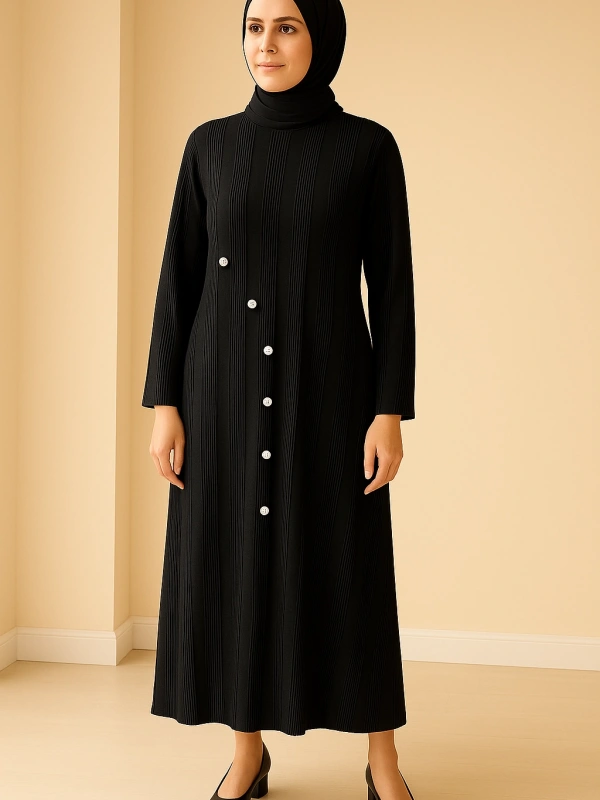 İNVEE 7038 Düğme Detaylı Triko Elbise - Siyah