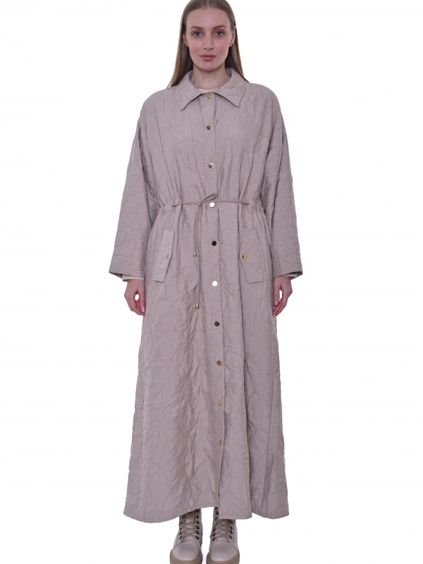 İNVEE 7041 Geniş Kalıp Belden Bağlamalı Kapitone Kap - Bej