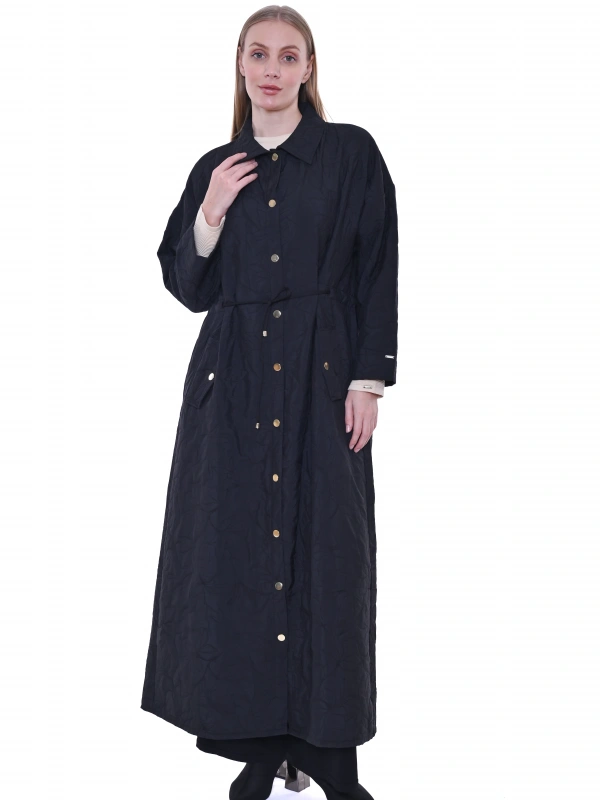 İNVEE 7041 Geniş Kalıp Belden Bağlamalı Kapitone Kap - Siyah