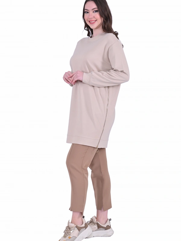 İNVEE 7047 Fermuar Detaylı İki İplik Tunik - Bej