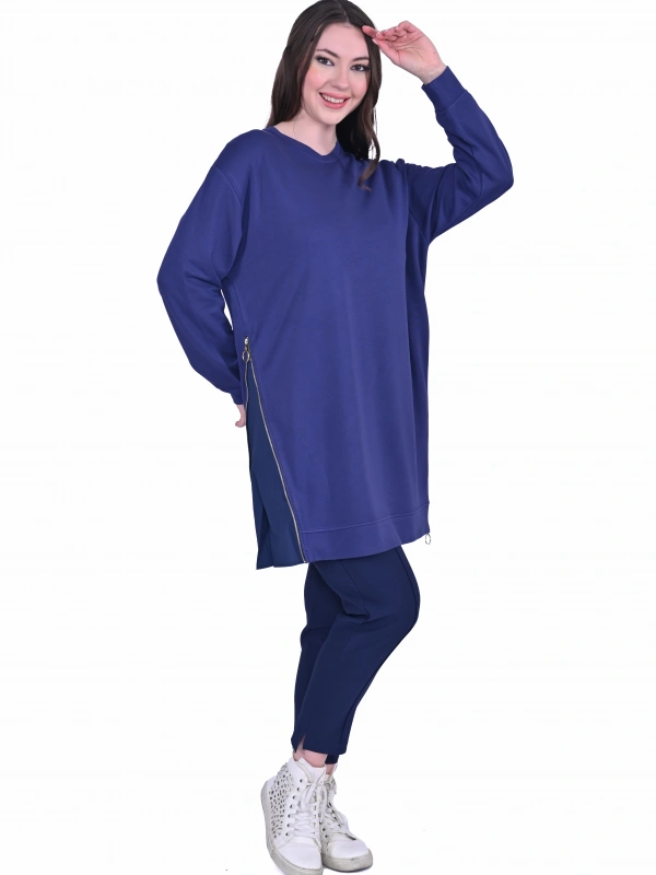 İNVEE 7047 Fermuar Detaylı İki İplik Tunik - İndigo