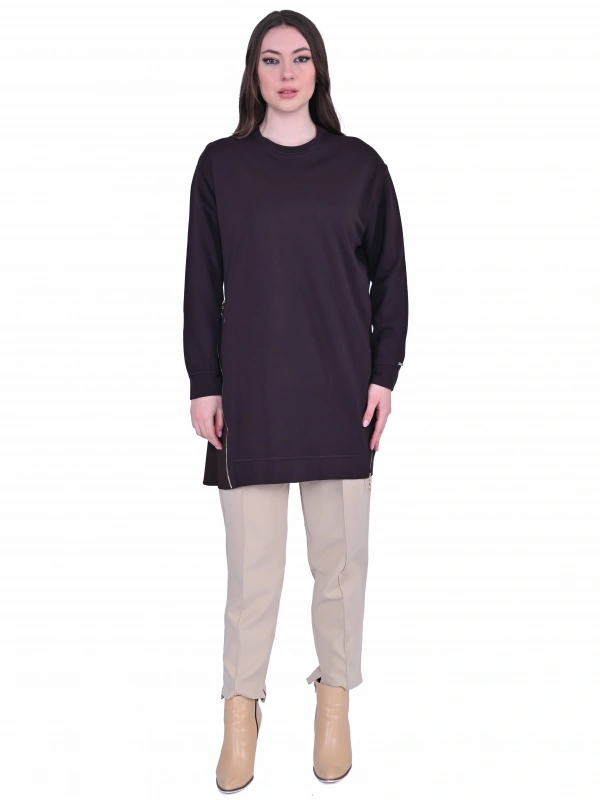 İNVEE 7047 Fermuar Detaylı İki İplik Tunik - Kahve