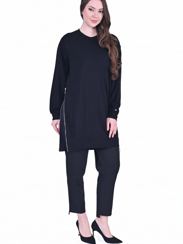 İNVEE 7047 Fermuar Detaylı İki İplik Tunik - Siyah