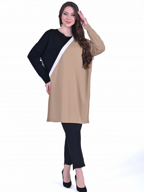İNVEE 7048 Renk Bloklu Triko Tunik - Camel