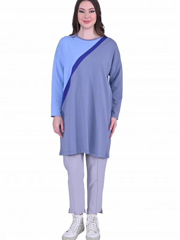 İNVEE 7048 Renk Bloklu Triko Tunik - Mavi