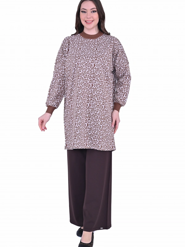 İNVEE 7067 Leopar Desenli Kahverengi Tunik