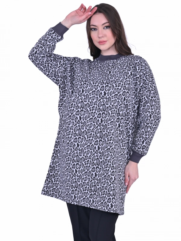 İNVEE 7067 Leopar Desenli Siyah Tunik