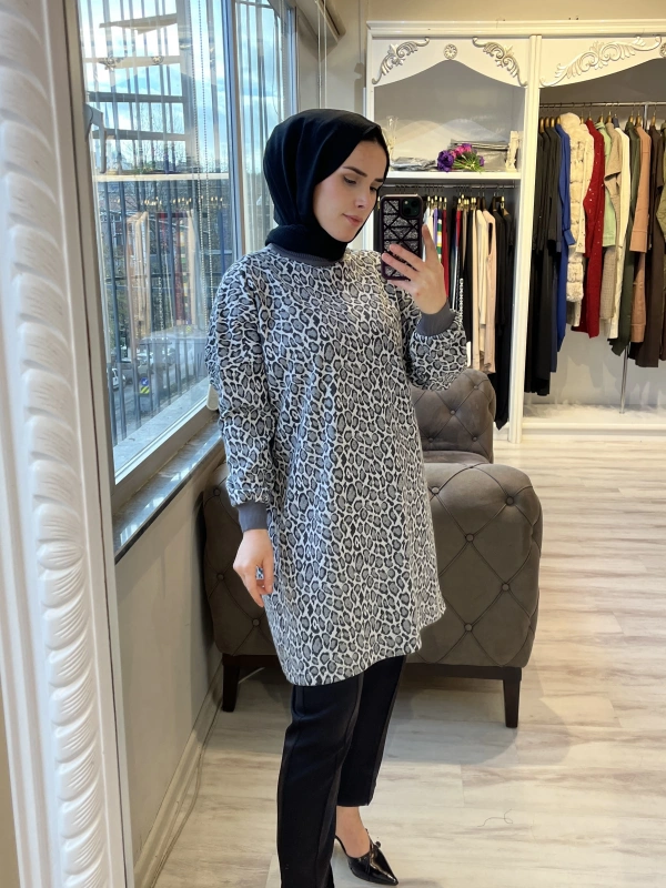 İNVEE 7067 Leopar Desenli Antrasit Tunik