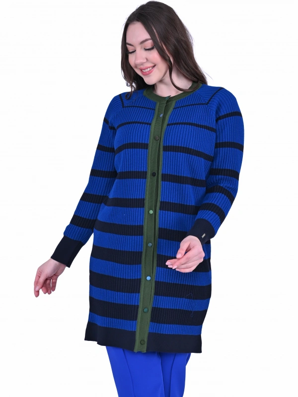 İNVEE 7075 Yün Karışımlı Renk Bloklu Hırka - Sax