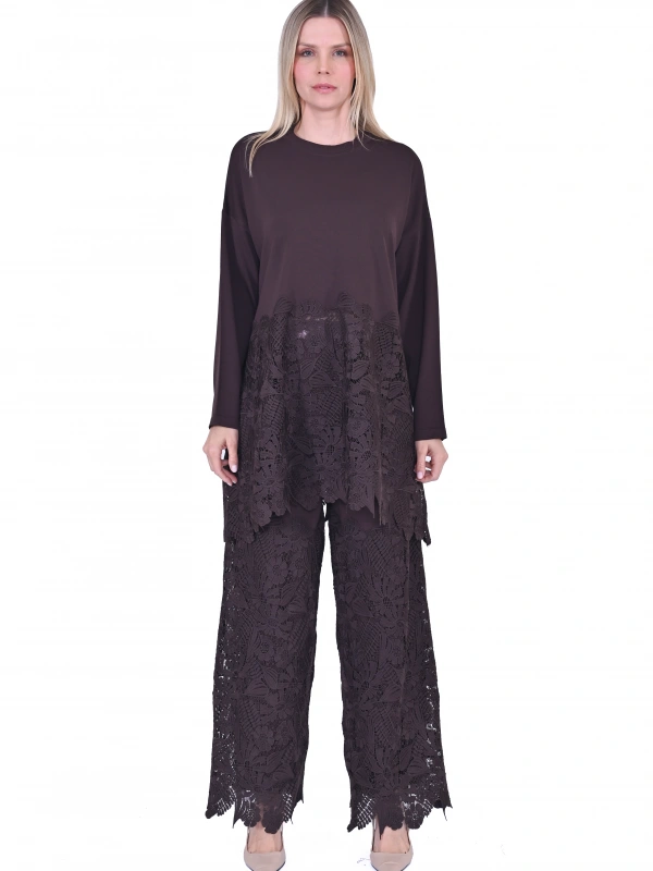 İNVEE 7078 Dantelli Takım - Kahverengi