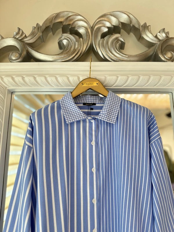 İNVEE Çizgili Pamuk Gömlek - Mavi