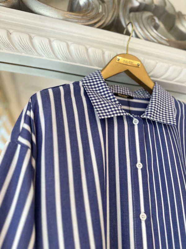 İNVEE Çizgili Pamuk Gömlek - Lacivert