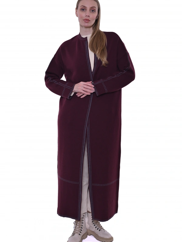 İNVEE 7083 Yün Karışımlı Uzun Hırka - Bordo