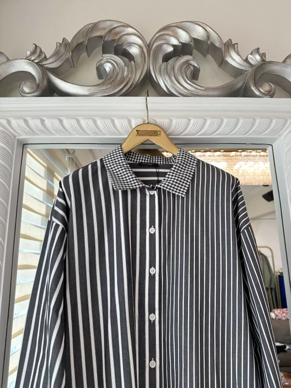 İNVEE Çizgili Uzun Gömlek - Siyah