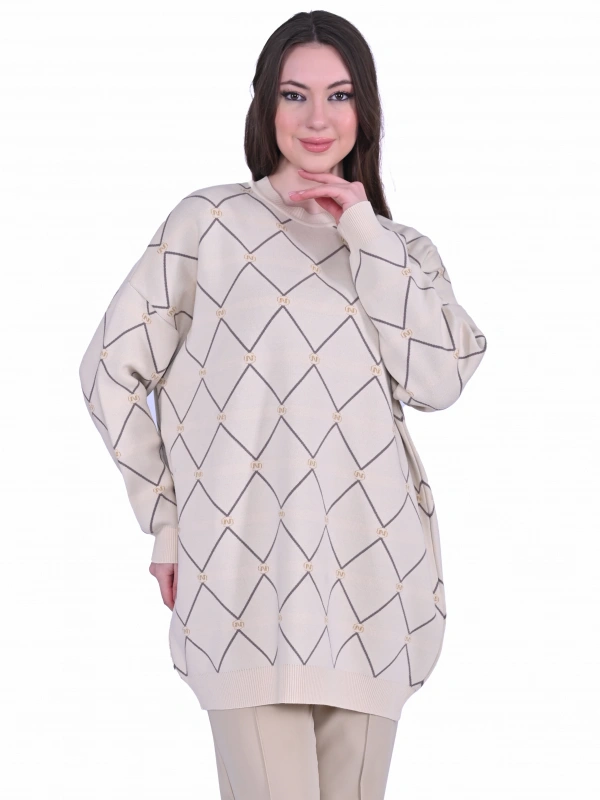 İNVEE 7091 Desenli Triko Tunik - Ekru