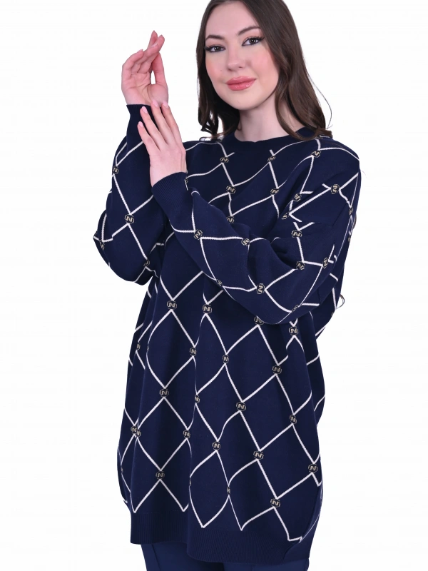İNVEE 7091 Desenli Triko Tunik - Lacivert