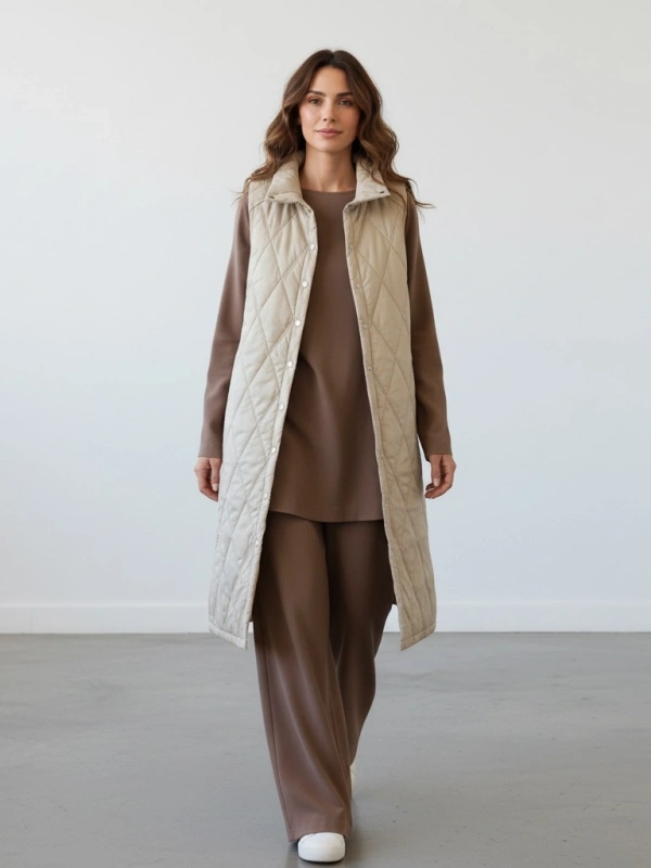 İNVEE Baklava Desenli Kapitone Yelek - Vanilya