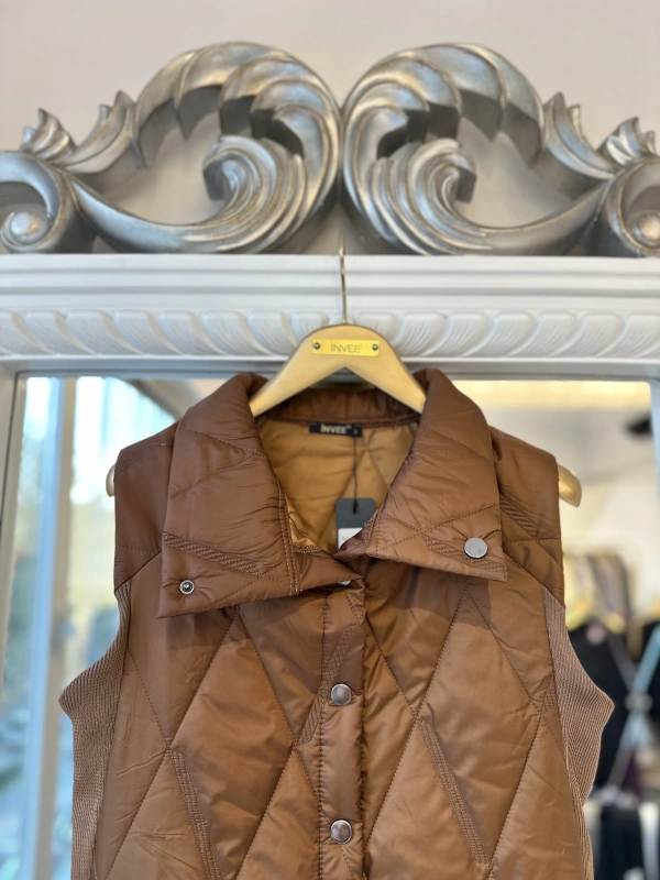 İNVEE Baklava Desenli Kapitone Yelek - Brownie