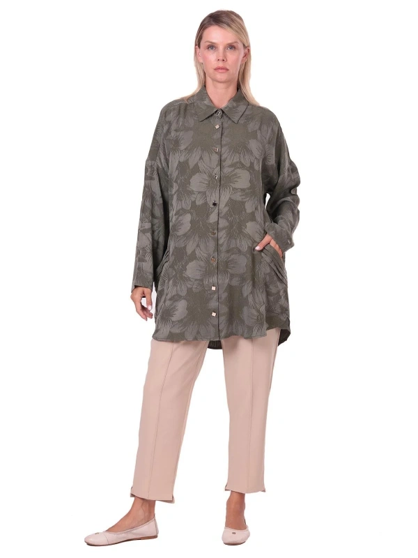 İNVEE Çiçek Desenli Lyocell Gömlek - Haki
