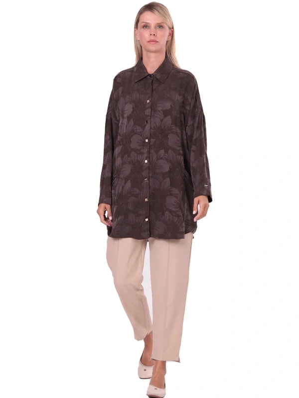 İNVEE Çiçek Desenli Lyocell Gömlek - Kahverengi