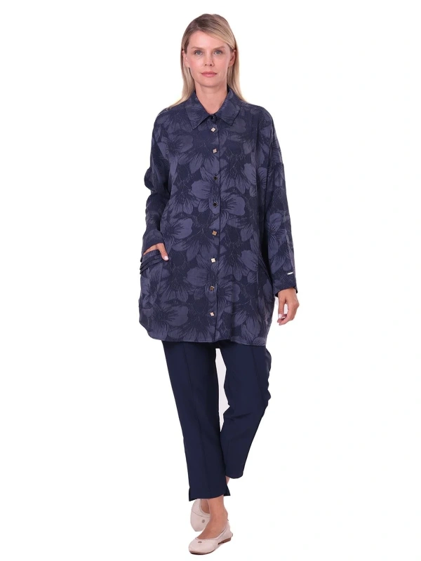 İNVEE Çiçek Desenli Lyocell Gömlek - Lacivert