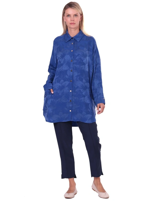 İNVEE Çiçek Desenli Lyocell Gömlek - Sax