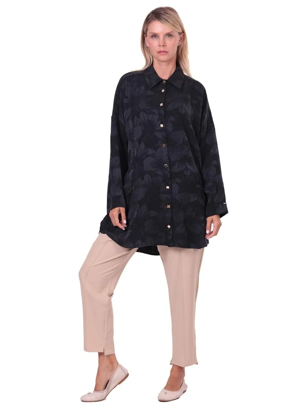 İNVEE Çiçek Desenli Lyocell Gömlek - Siyah