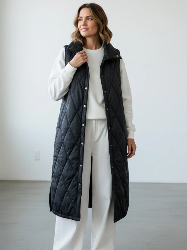 İNVEE Çıtçıt Kapamalı Uzun Kapitone Yelek - Baklava Desenli