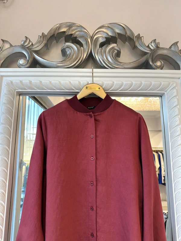 İNVEE Düğme Detaylı Geniş Gömlek - Bordo