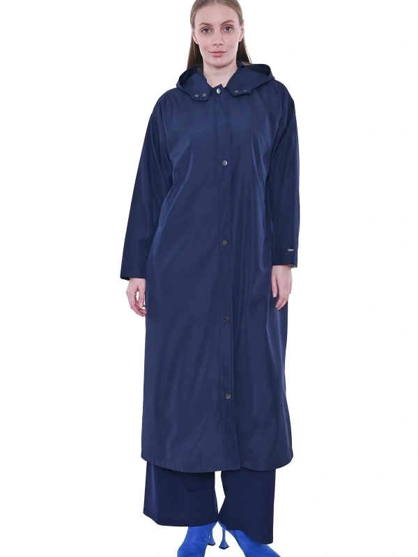 İNVEE Kapüşonlu Uzun Yağmurluk - Lacivert