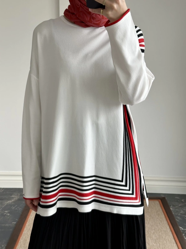 İNVEE Renk Bloklu Triko Tunik - Beyaz