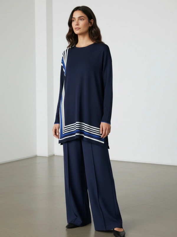 İNVEE Renk Bloklu Triko Tunik - Lacivert