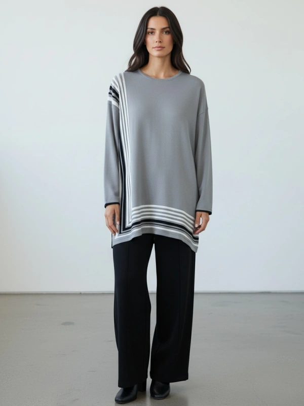 İNVEE Renk Bloklu Triko Tunik - Gri