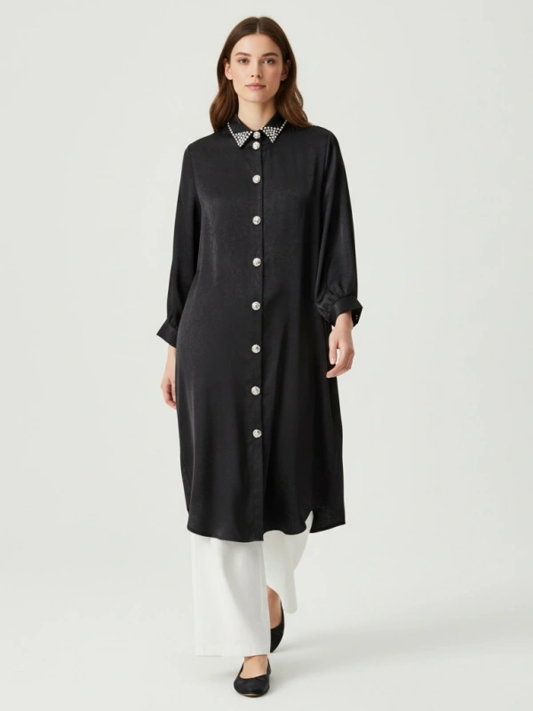 İTHAL Geniş Kalıp Uzun Gömlek/Kap - Siyah