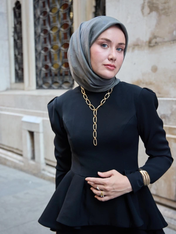 Monogram Pamuk İpek Eşarp - Gri-Yeşil